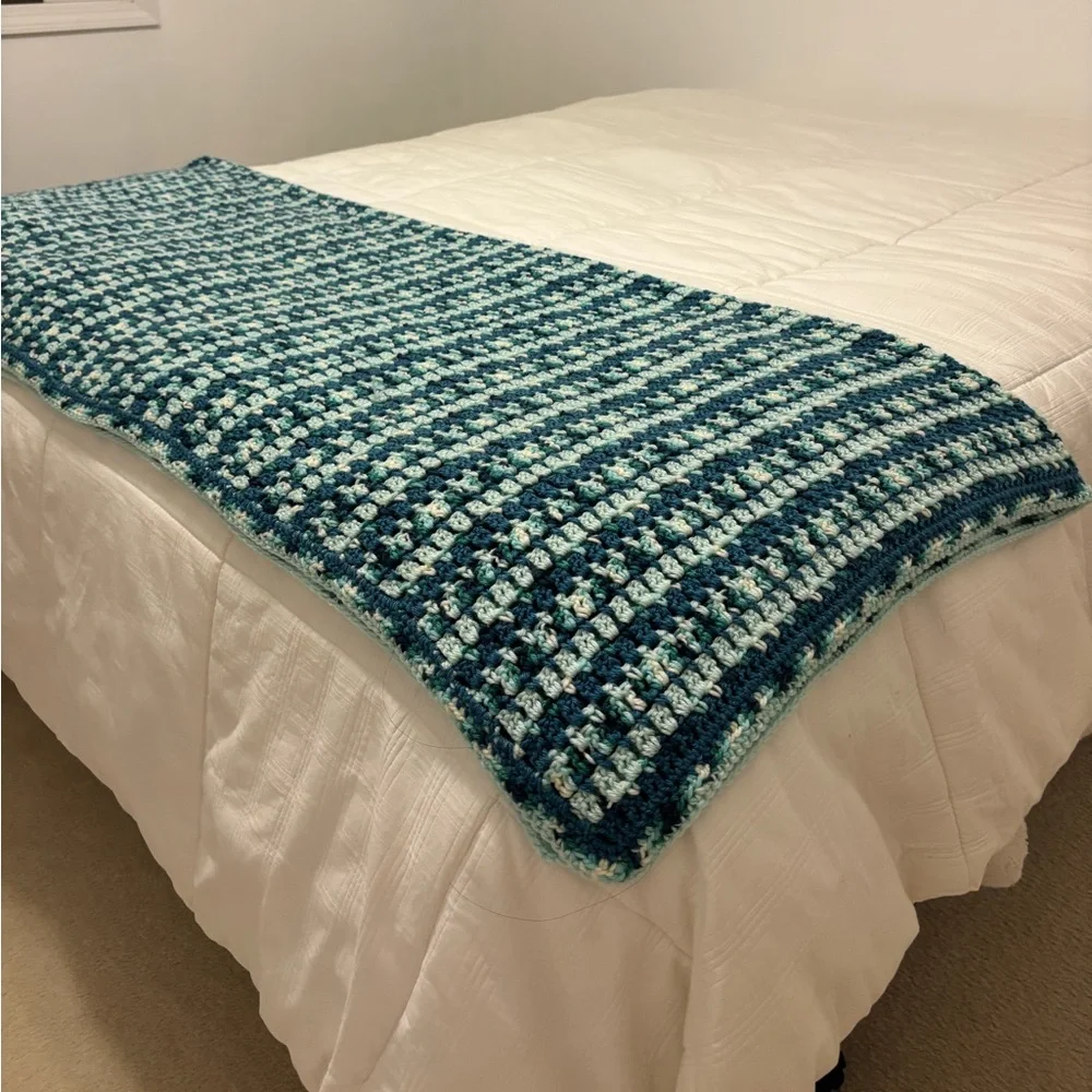 Handmade Crochet Blanket Throw Quilt Sea Glass Coastal Blue Aqua Green 56” X 54”